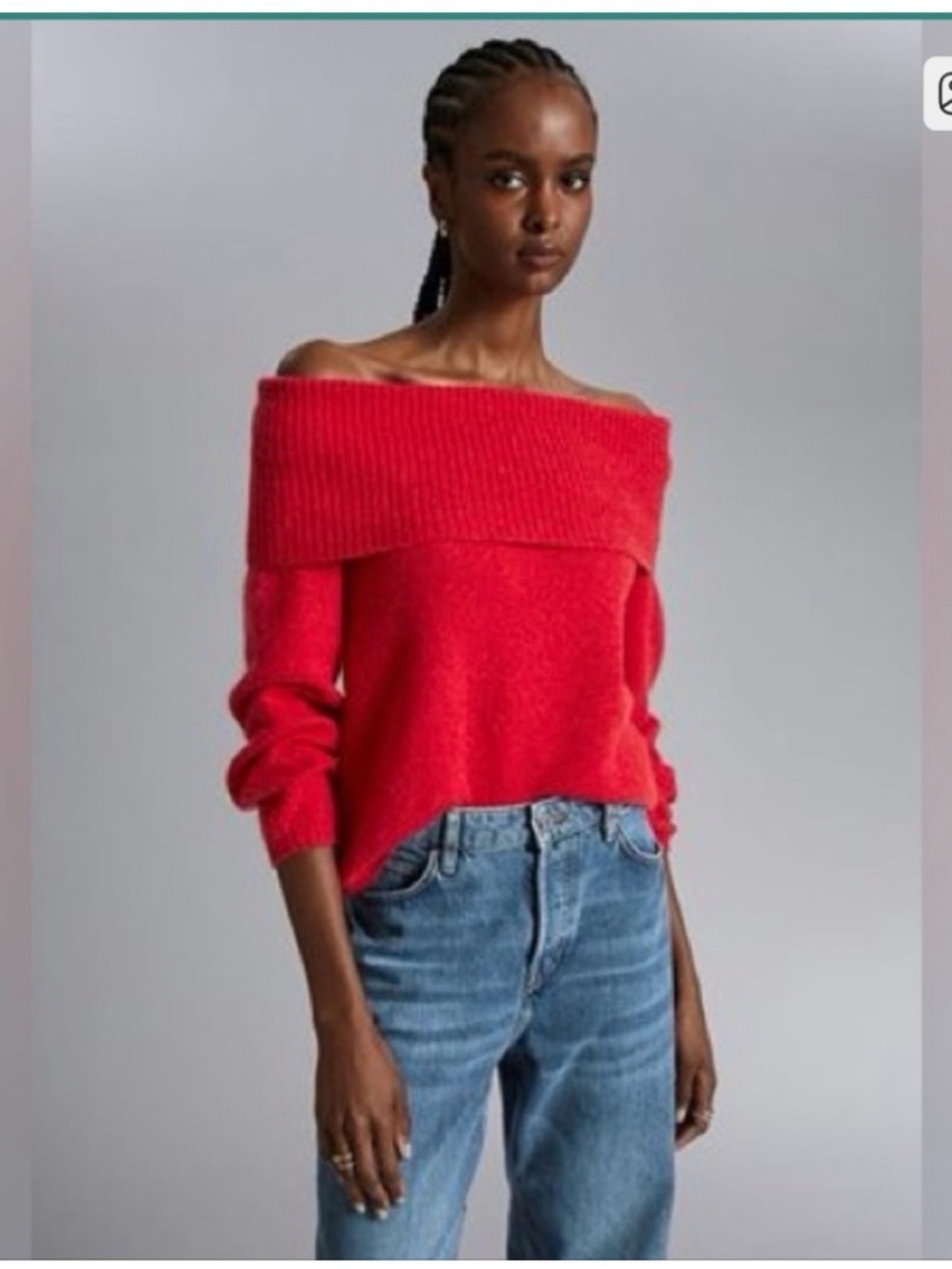 & Other Stories Red Off-the-Shoulder Foldover Wool Blend Sweater